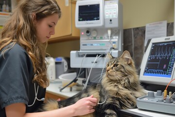 A focused young Caucasian female veterinary professional in a dark scrub attentively performs a check-up on a relaxed Maine Coon cat, with vital signs monitors in the background