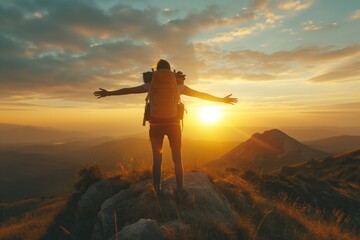 The silhouette of a hiker with arms wide open facing a breathtaking sunset, with a sweeping view of mountain peaks stretching into the distance