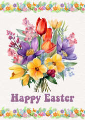 Happy Easter card bouquet of flowers, Spring flowers, watercolor illustration