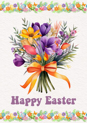 Happy Easter card bouquet of flowers, Spring flowers, watercolor illustration