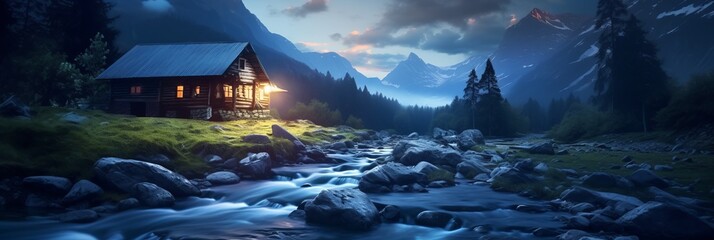 Old romantic illuminated wooden cabin in the mountains by a wild stream torrent at dusk - obrazy, fototapety, plakaty