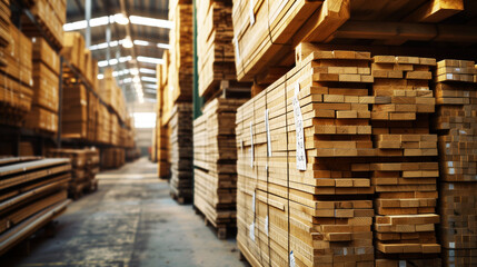 Warehouse storage of stacked wood saw timber awaiting manufacturing supply delivery.