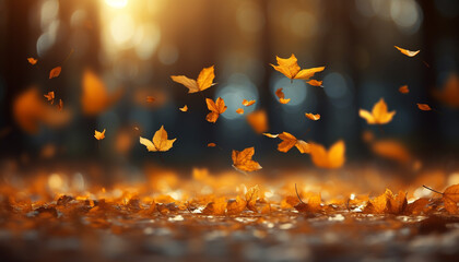 Naklejka na ściany i meble Bright autumn leaves illuminate the dark forest with fiery beauty generated by AI
