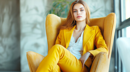 Obraz premium Charming, beautiful, sexy Caucasian girl, business lady, with light brown hair, in a suit of bright yellow color sitting in a fashionable armchair by the window. Copy space.