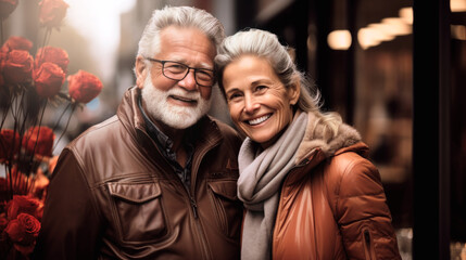 Elderly couple smiling together near a flower shop. Generative AI.