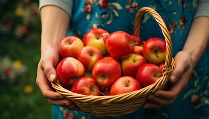 A woman holding a basket of fresh, organic apples generated by AI