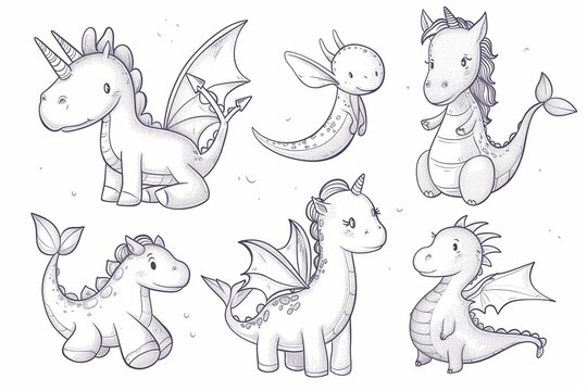Magic fantasy creatures - cute Unicorn, Dragon, Dinosaur, Fairy and Mermaid, simple thick lines kids or children cartoon coloring book pages. Clean drawing can be vectorized