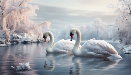 Fototapeta premium Majestic swan glides on tranquil pond, reflecting winter beauty generated by AI