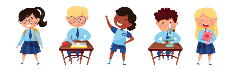 School Boy and Girl Pupil Character in Blue Uniform Vector Set