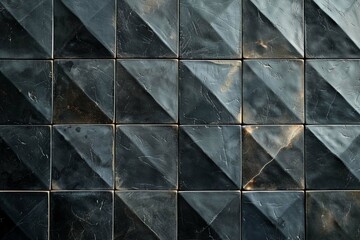 Polished, Semi gloss Wall background with tiles. Triangular, tile Wallpaper with Black blocks. - obrazy, fototapety, plakaty