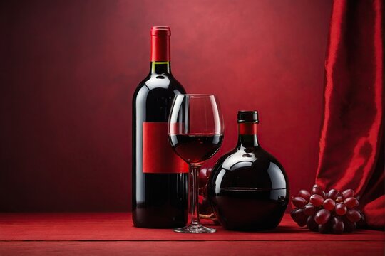 empty Bottle and glass of red wine on a red background mockup