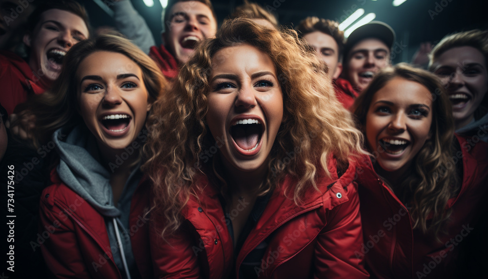 Poster Young adults enjoying a fun night out, screaming with excitement generated by AI