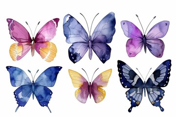 Set of butterflies isolated on white background. Watercolor. Illustration. Template, blue, yellow,...