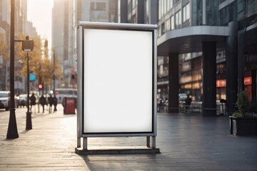 Empty Vertical blank white billboard at bus stop on city street
