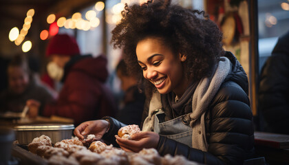 Young adults enjoying winter night at Christmas market, smiling and shopping generated by AI - obrazy, fototapety, plakaty