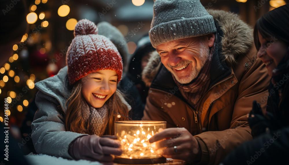 Sticker a joyful family embraces, smiling in the warm winter night generated by ai