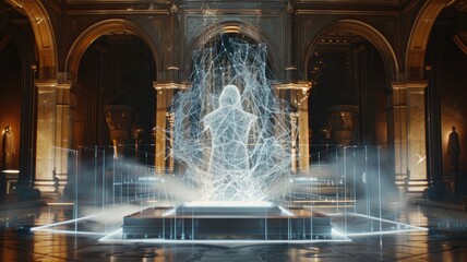 artificial intelligence and neural networks, wireframe hologram, seamlessly integrated into the digital landscape of the internet, blurring the lines between virtual and physical realities.