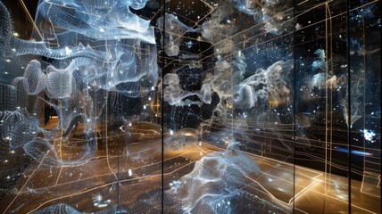 artificial intelligence and neural networks, wireframe hologram, seamlessly integrated into the digital landscape of the internet, blurring the lines between virtual and physical realities.