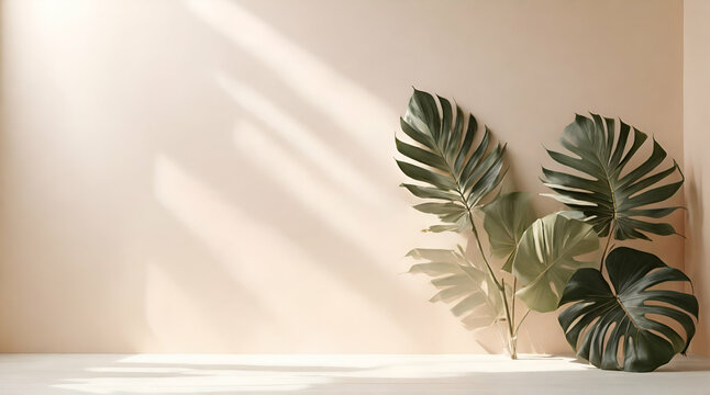 Palm Leaf Shadows on white wall and crea
