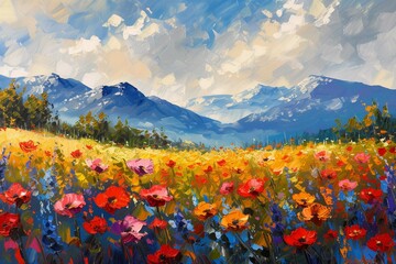 Vivid Flowers Fields, beautiful pattern in oil painting