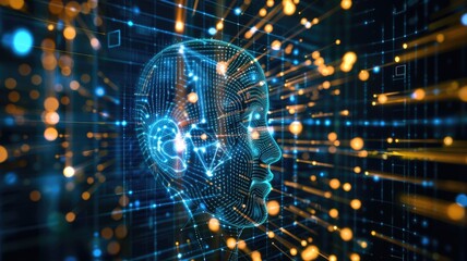 Fototapeta premium artificial intelligence and neural networks, wireframe hologram, seamlessly integrated into the digital landscape of the internet, blurring the lines between virtual and physical realities.