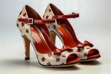 Floral Print Red and White High Heel Sandals with Bows