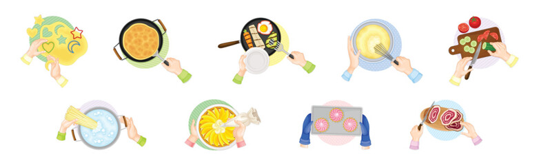 Hands Preparing and Cooking Food Above View Vector Set