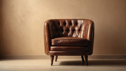 Luxury vintage brown leather Armchair against beige blank Wall Interior space in a large empty room with shadows, copy space - Powered by Adobe
