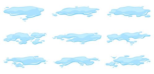 Water spill puddles set. Blue liquid various shape in flat cartoon style. Clean fluid drop design elements isolted on white background