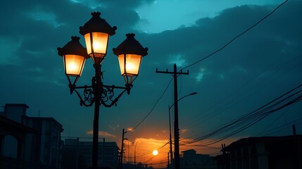 a street light with the sun setting in the background and clouds in the sky above it
