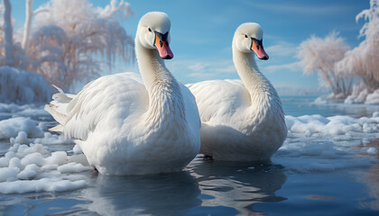 Obraz premium Mute swan glides on icy pond, reflecting winter beauty generated by AI
