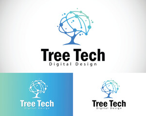 digital tree logo creative network connect design concept pixel brain
