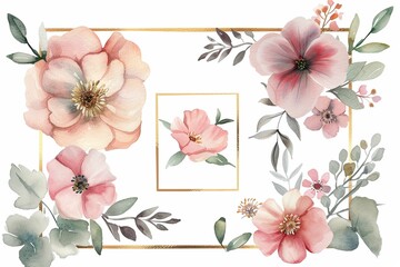 Watercolor floral with golden frame collection
