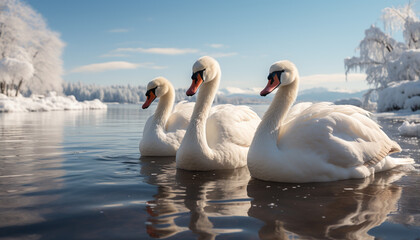 Mute swan gracefully swims in tranquil winter pond reflection generated by AI