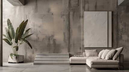 A living room in the loft style, with a couch, plant and stairs, white frame canvas on the concrete wall