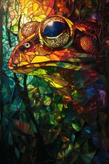 Stained glass window background with colorful Frog abstract.