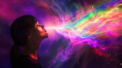 Electric blue, violet, magenta colors emitted from womans eyes in art