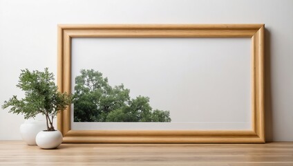 Modern oak solid wood picture frame isolated on white background, light colored Wooden horizontal blank photo frame with space isolated on white background, landscape frame mock up