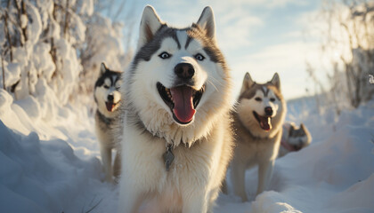 Naklejka premium Cute sled dog running in snowy forest, bringing joy generated by AI