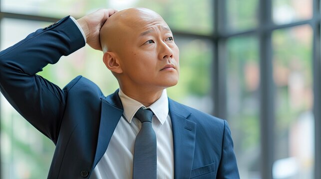 Confident baldness - mature Asian businessman with glabrous head, office professional