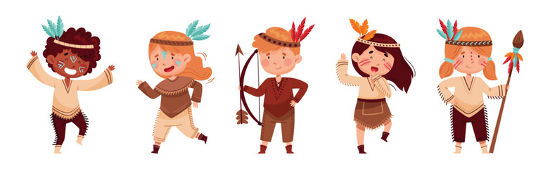 Little Boy and Girl Play Indian Wear Costume Vector Set