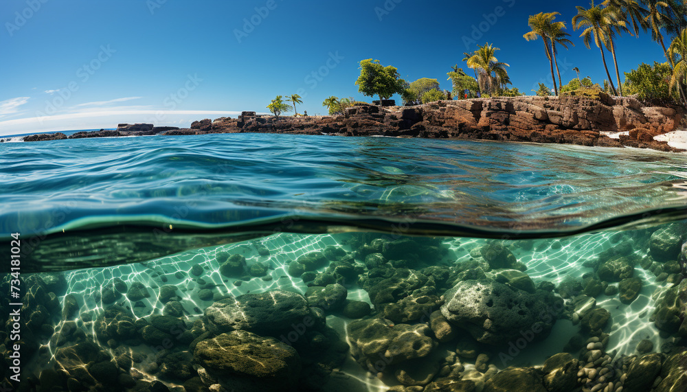 Poster underwater adventure fish swim in tranquil, multi colored seascape generated by ai