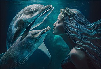Mermaid with Dolphin Undersea. Generative AI - obrazy, fototapety, plakaty