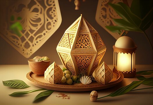 Islamic display decoration composition with 3d realisic ketupat Illustration, Eid Mubarak and Ramadan Kareem Template Banner. 3d Rendering. Generative AI