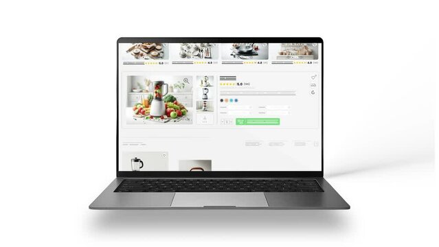 Technological devices, electronic and kitchen products website animation. E-commerce and shopping products. Sales show of costume. Laptop mockup