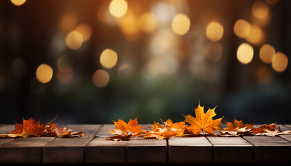 Naklejka na ściany i meble Autumn table decoration yellow leaf on wood, vibrant backdrop generated by AI