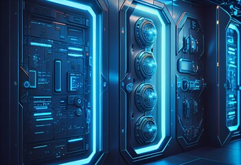 Science Fiction Background with Blue, Advanced Technology Panels. 3D Render. Generative AI
