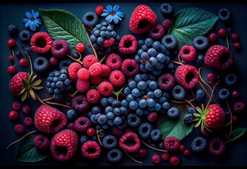 a painting of berries, raspberries, and blueberries. generative ai