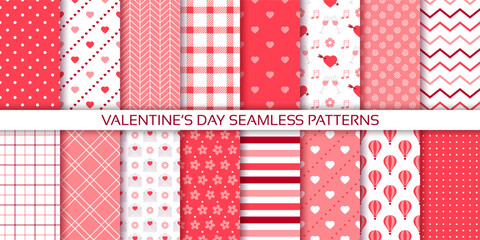 Valentine's day pattern. Cute seamless background. Red pink prints with hearts, polka dot, check, zigzag. Set of love textures for scrapbooking. Vintage girly wrapping papers. Vector illustration