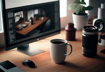 Close up of designer office interior with various objects, coffee cup and empty mock up place on white computer monitor. Wooden desktop. 3D Rendering. Generative AI